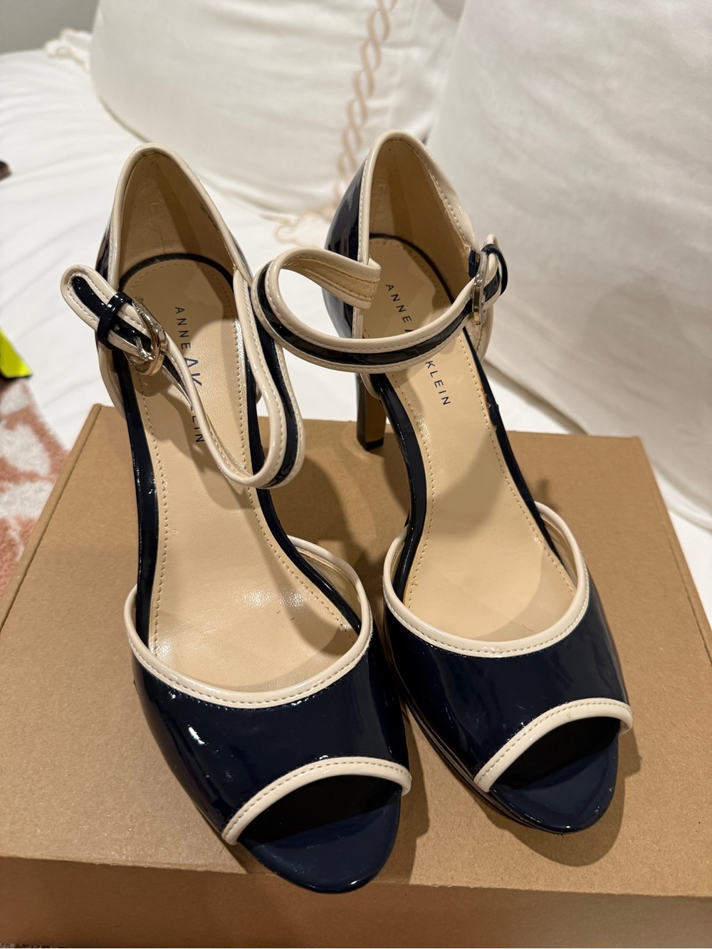 Anne Klein Navy Patent Peep-Toe Heels with Cream Trim and Ankle Strap